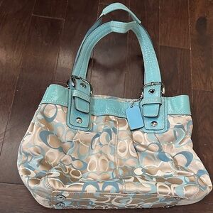 Coach Aqua and Beige Shoulder Bag